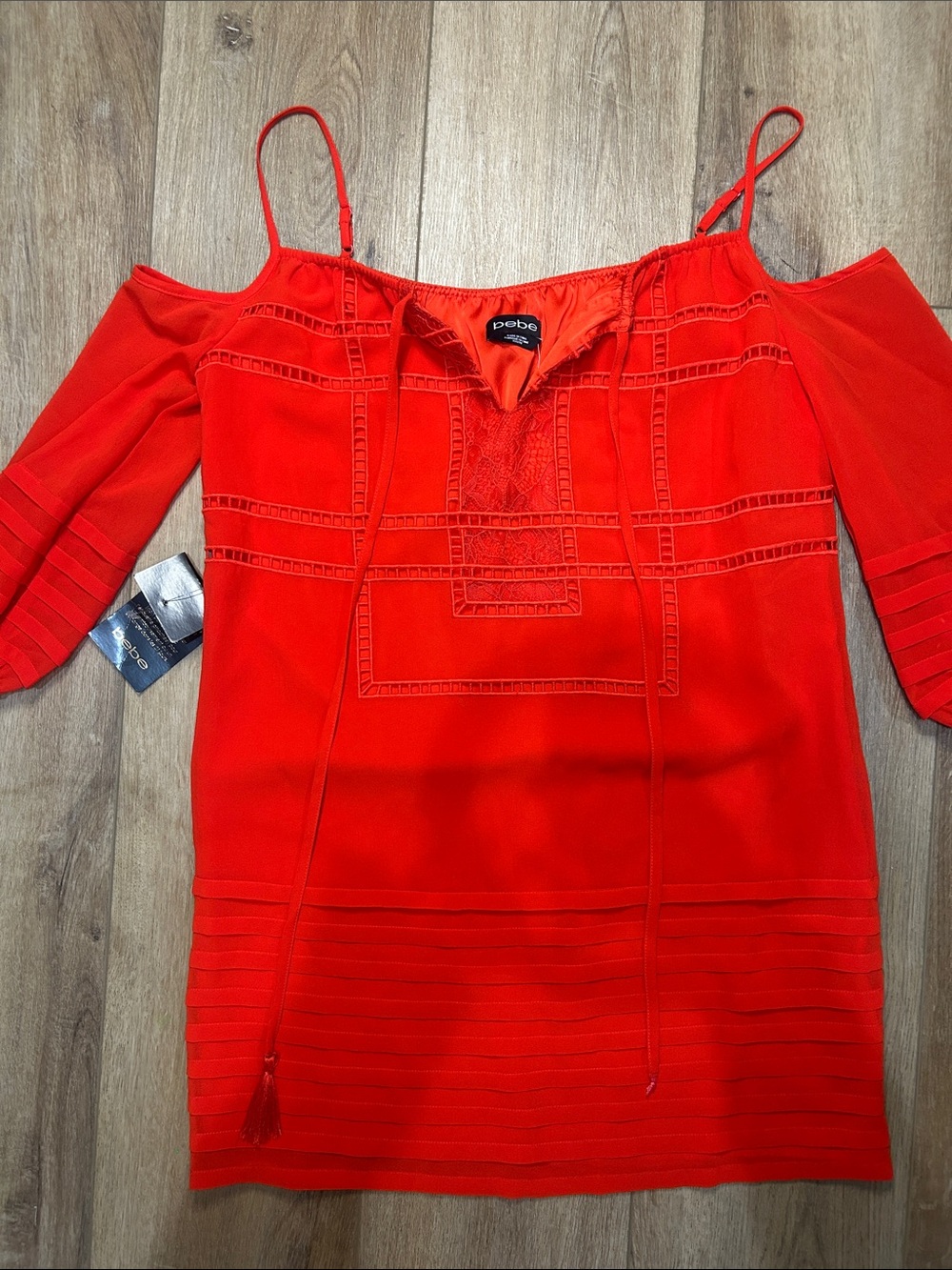 bebe Bright Red Cold-Shoulder Tunic with Tassel Tie
